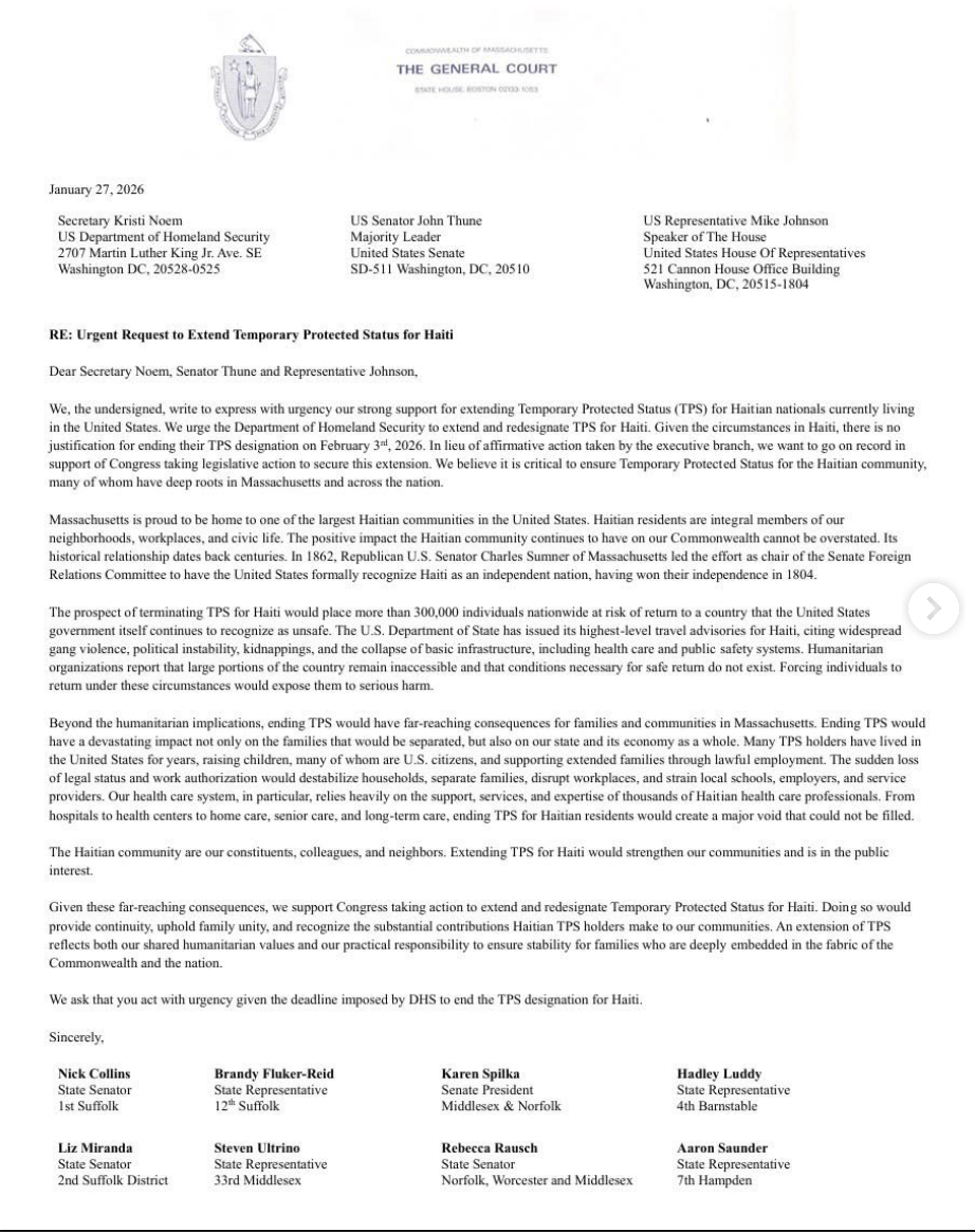 This week, I joined my legislative colleagues in calling on federal officials to extend TPS for Haitian nationals. 
