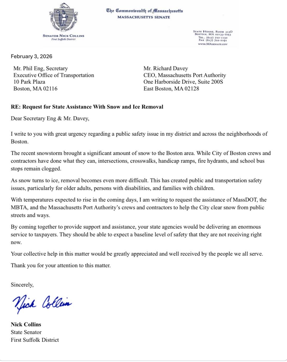 iven the conditions of the intersections, crosswalks, handicap ramps and fire hydrants across my district, I have requested the assistance of state agency crews and contractors to help the City of Boston.