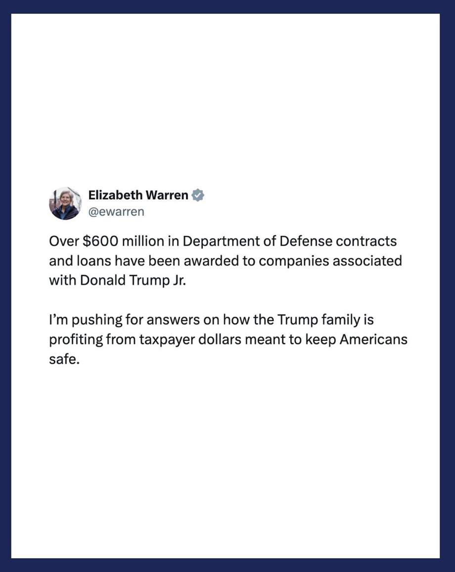 Any potential favoritism of Trump-aligned companies by the Department of Defense could be a waste of taxpayer dollars and a threat to national security.