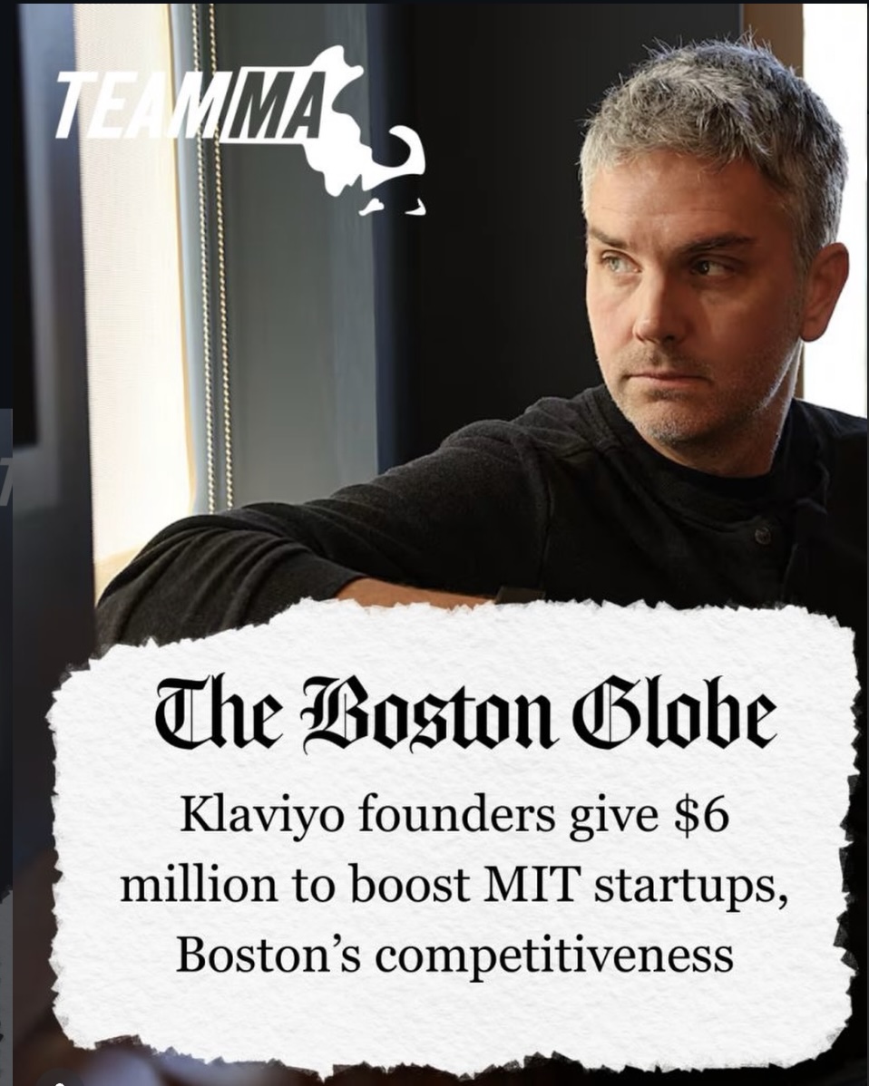 Thank you to @klaviyo cofounders Andrew Bialecki and Ed Hallen for their $6 million investment in the Massachusetts Institute of Technology Delta v startup accelerator program — helping more founders build, scale and stay right here in Massachusetts.