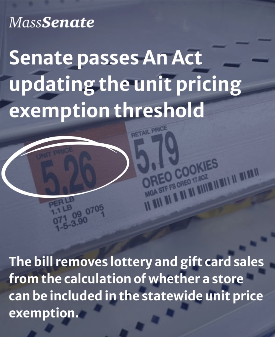 I was proud to join my Senate colleagues in passing An Act updating the unit pricing exemption threshold.