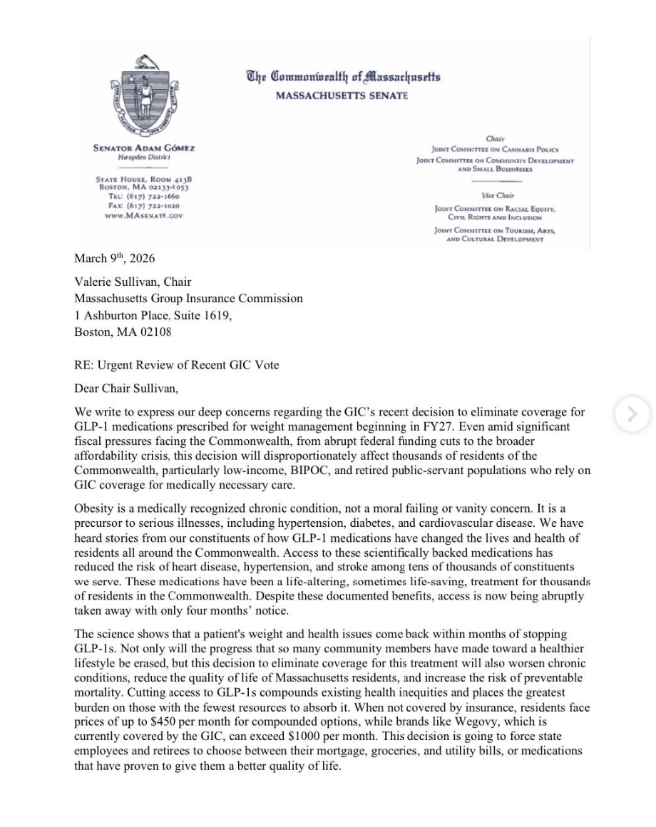 Today I joined colleagues in raising serious concerns with the leadership of the Massachusetts Group Insurance Commission about their recent vote to eliminate coverage for GLP-1 medications used to treat obesity beginning in FY27. 