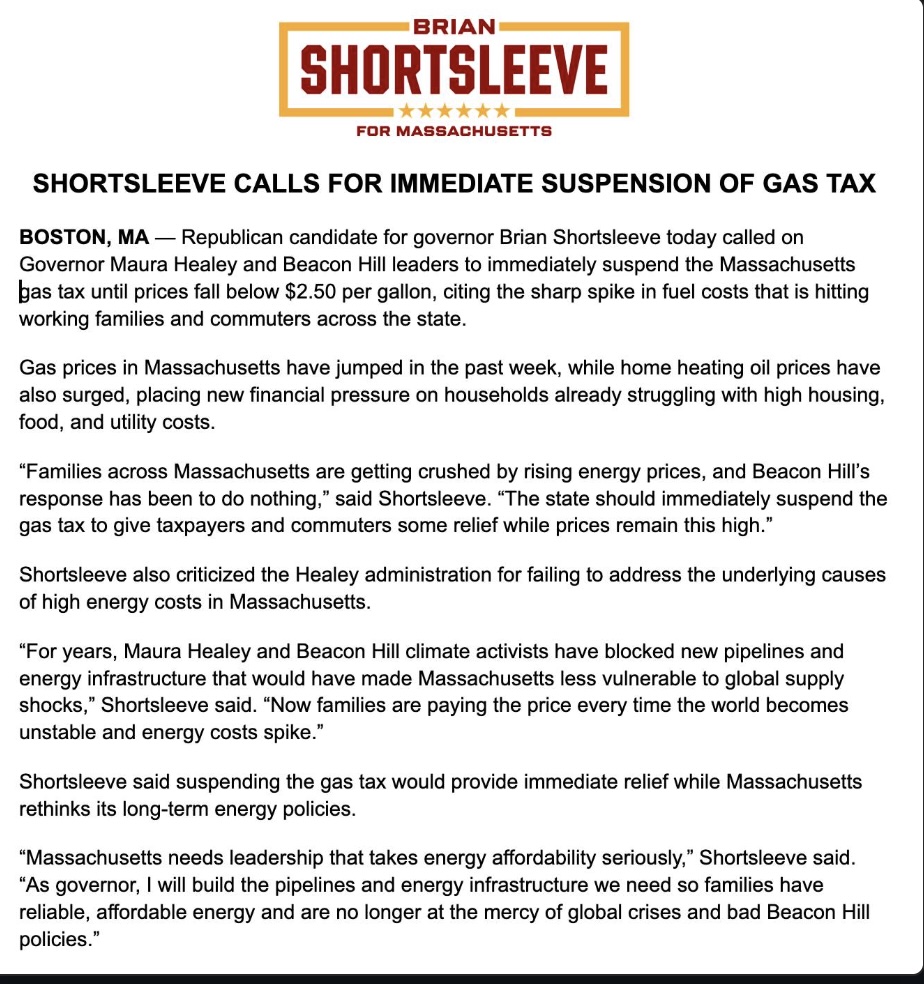 Today I called on Governor Healey and her allies on Beacon Hill to immediately suspend the gas tax until prices fall below $2.50 a gallon to give commuters and taxpayers some relief.