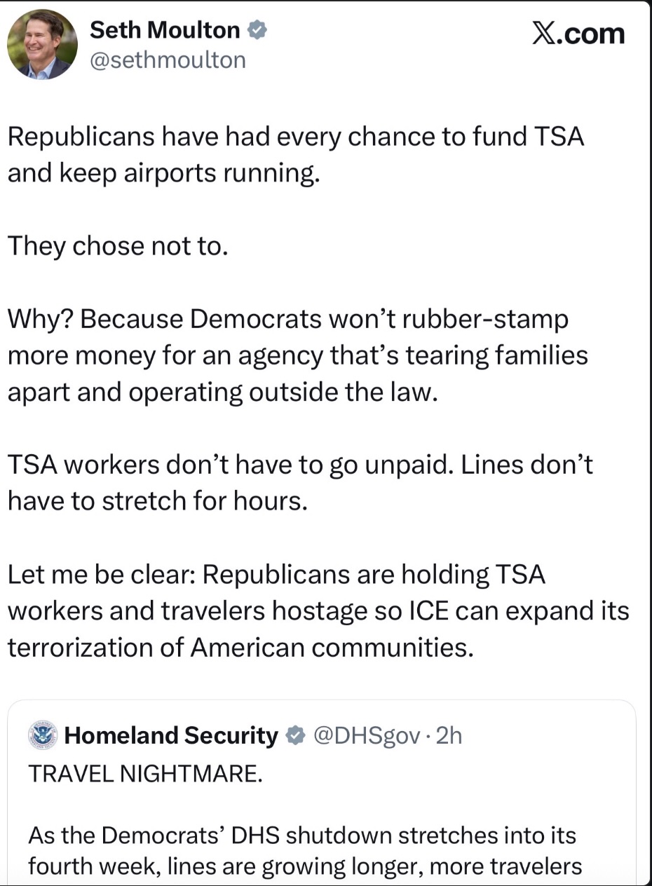 @dhsgov Let me be clear: Republicans are holding TSA workers and travelers hostage so ICE can expand its terrorization of American communities.