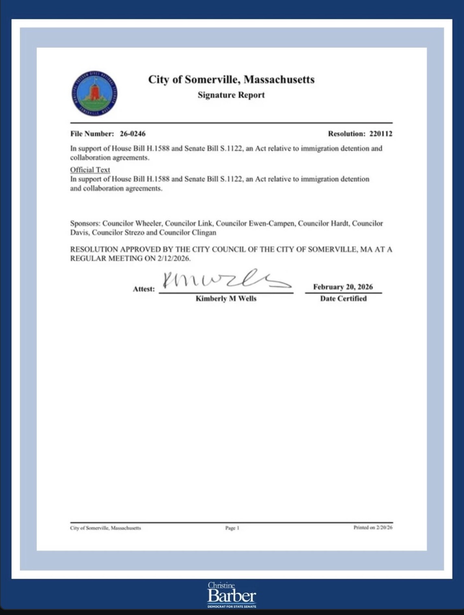 Grateful for the Somerville City Council’s resolution in support of my bill, H.1588, An Act relative to immigration detention and collaboration agreements, also known as Dignity not Deportations.