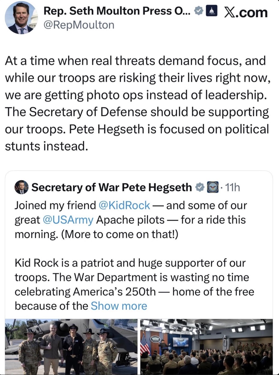 Pete Hegseth and Kid Rock are joyriding on taxpayer dollars while we are at war.