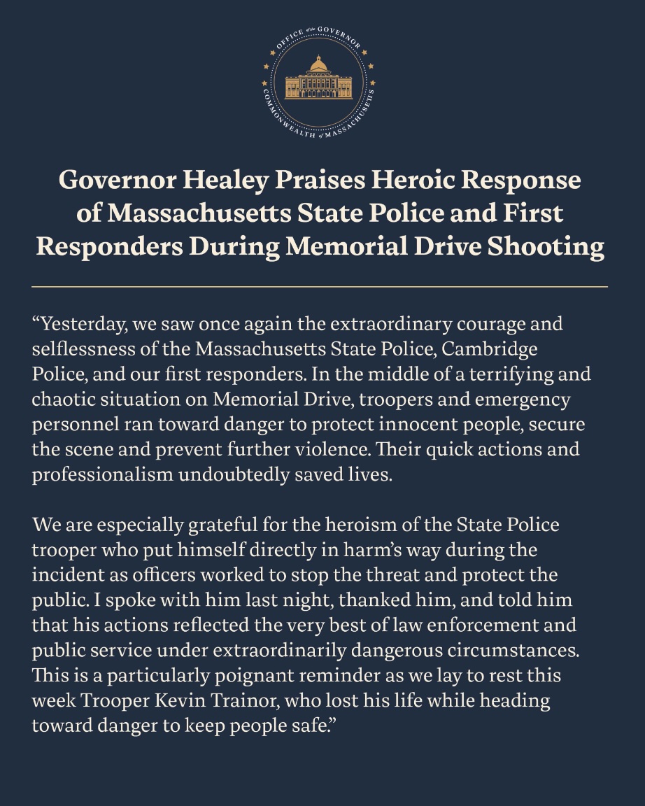 Grateful for the extraordinary courage of the @massstatepolice, @cambridgepolice, and first responders who ran toward danger on Memorial Drive yesterday to keep people safe.