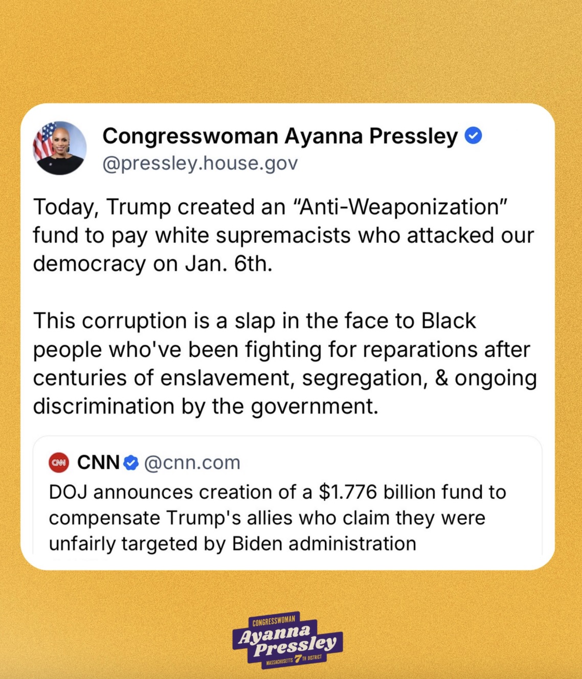 Today, Trump created an “Anti-Weaponization” fund to pay white supremacists who attacked our democracy on Jan. 6th.