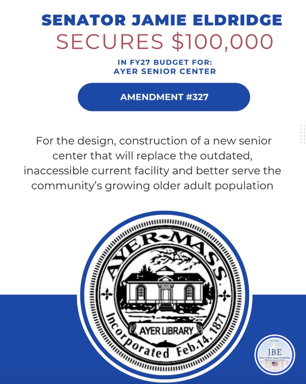 In the @ma_senate FY27 state budget, I was pleased to secure a $100,000 earmark for the future new Ayer Senior Center!