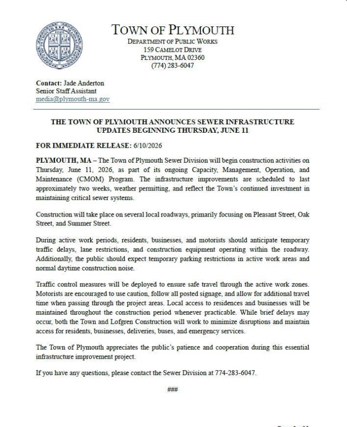 The Town of Plymouth Sewer Division will begin construction activities on Thursday, June 11, 2026, as part of that ongoing CMOM Program.