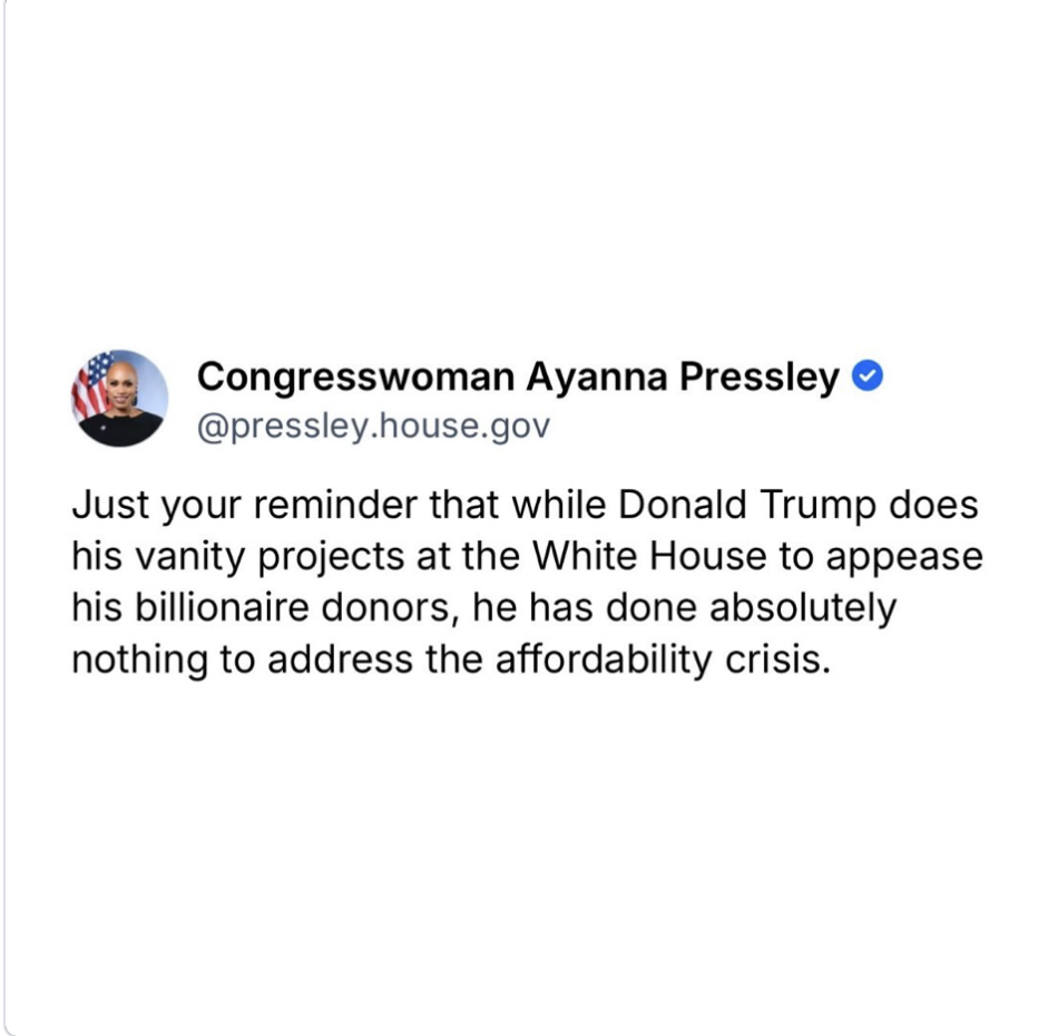 Just your reminder that while Donald Trump does his vanity projects at the White House to appease his billionaire donors, he has done absolutely nothing to address the affordability crisis.