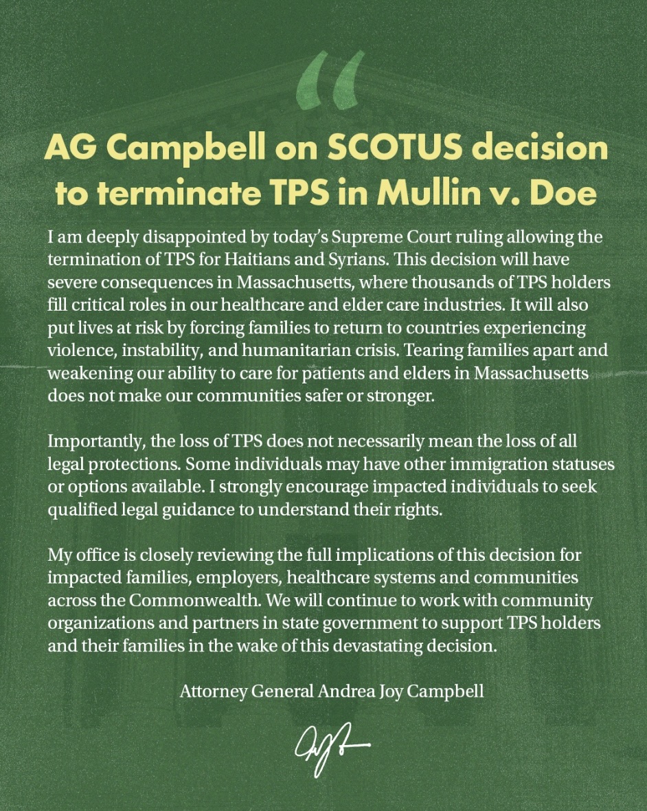 I am deeply disappointed by today’s Supreme Court ruling allowing the termination of TPS for Haitians and Syrians. 