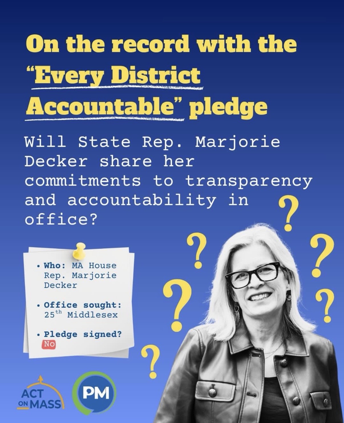 Rep. Marjorie Decker says she stands for transparency in the state house. Will she go on the record with her commitments? 