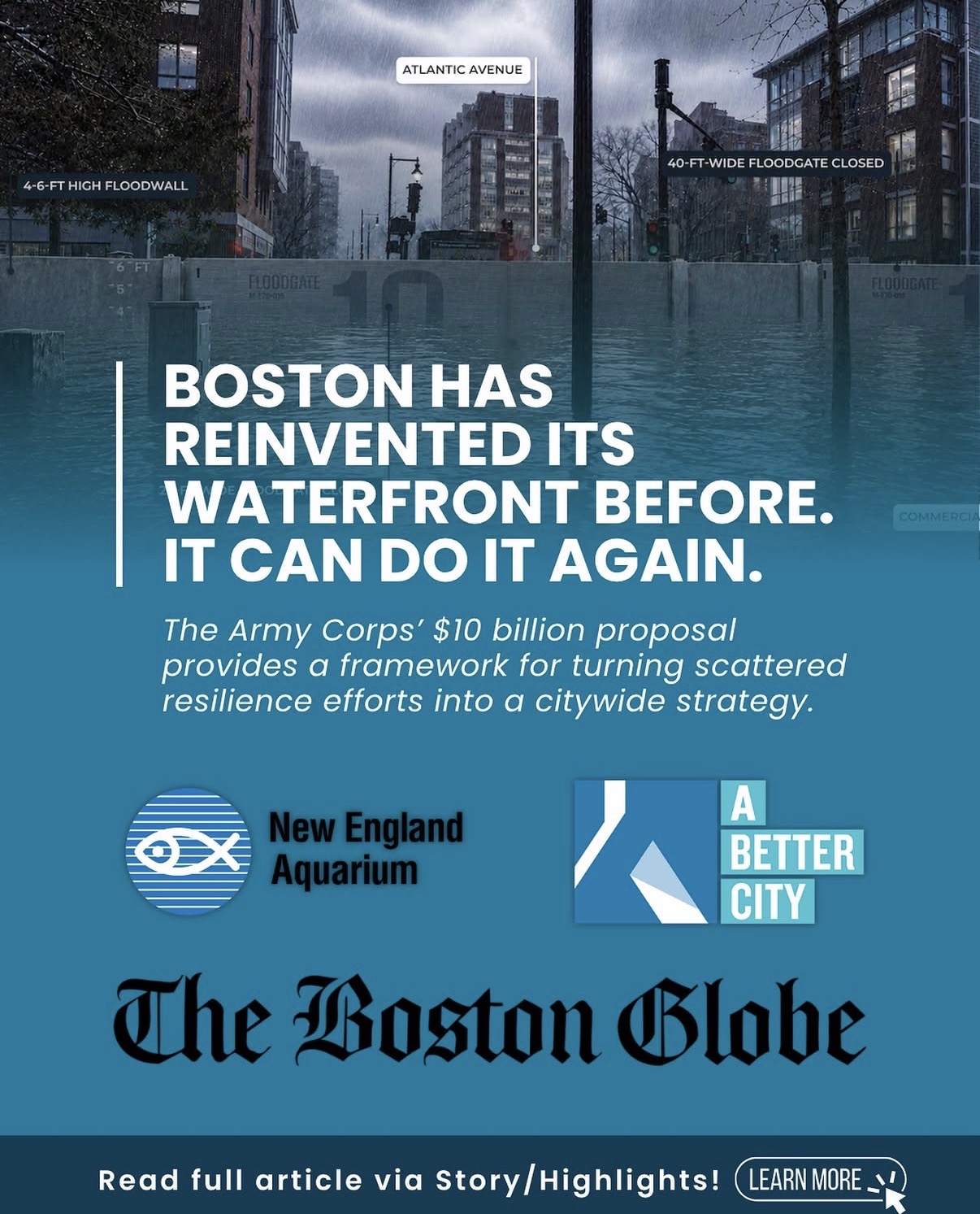 Check out this important @bostonglobe OpEd from our partners at the @newenglandaquarium and @abctma , highlighting the Army Corps’ proposed $10 billion framework for a connected, citywide approach to coastal resilience. 