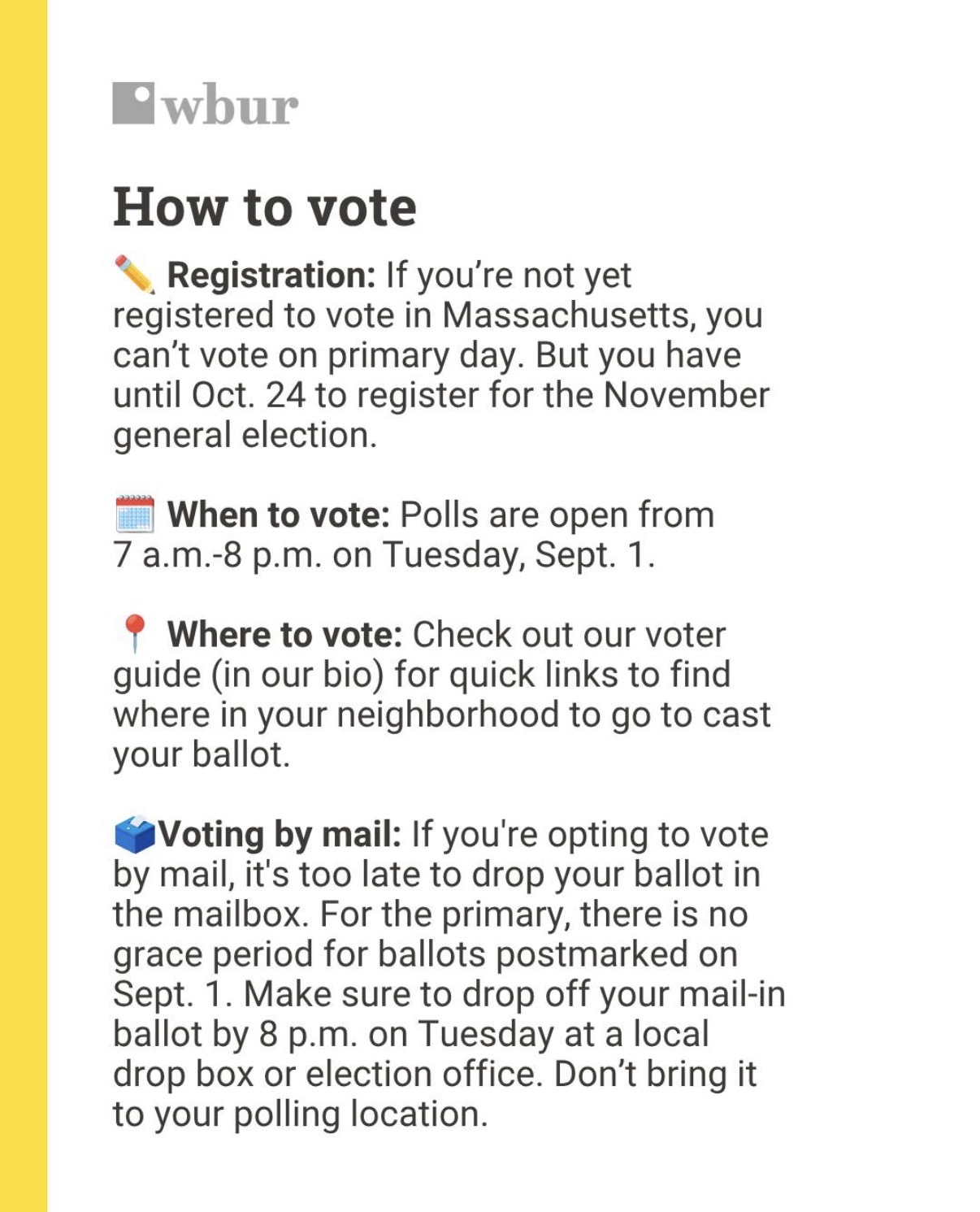 Tuesday, Sept. 1, is primary day in Massachusetts. Polls are open from 7 a.m. to 8 p.m. If you decided to vote by mail…