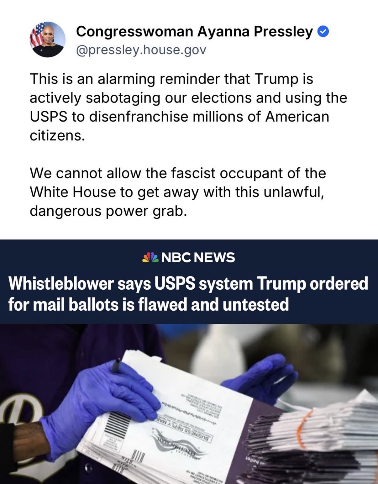 This is an alarming reminder that Trump is actively sabotaging our elections and using the USPS to disenfranchise millions of American citizens.