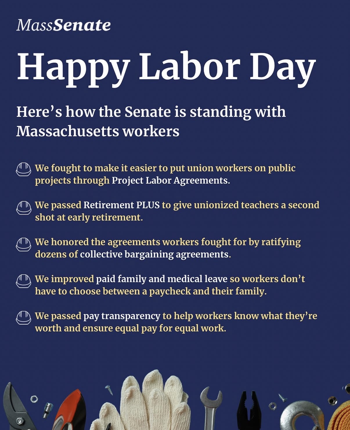 Happy Labor Day, Massachusetts! Today we take some time to rest while also reflecting on the critical fight for workers’ rights. The Senate is taking steps to continue this fight by passing policy that benefits the workers in our Commonwealth. 