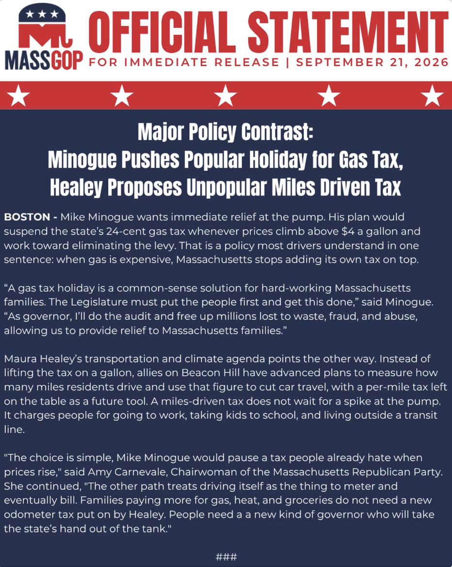 PRESS RELEASE - Major Policy Contrast: Minogue Pushes Popular Holiday for Gas Tax, Healey Proposes Unpopular Miles Driven Tax