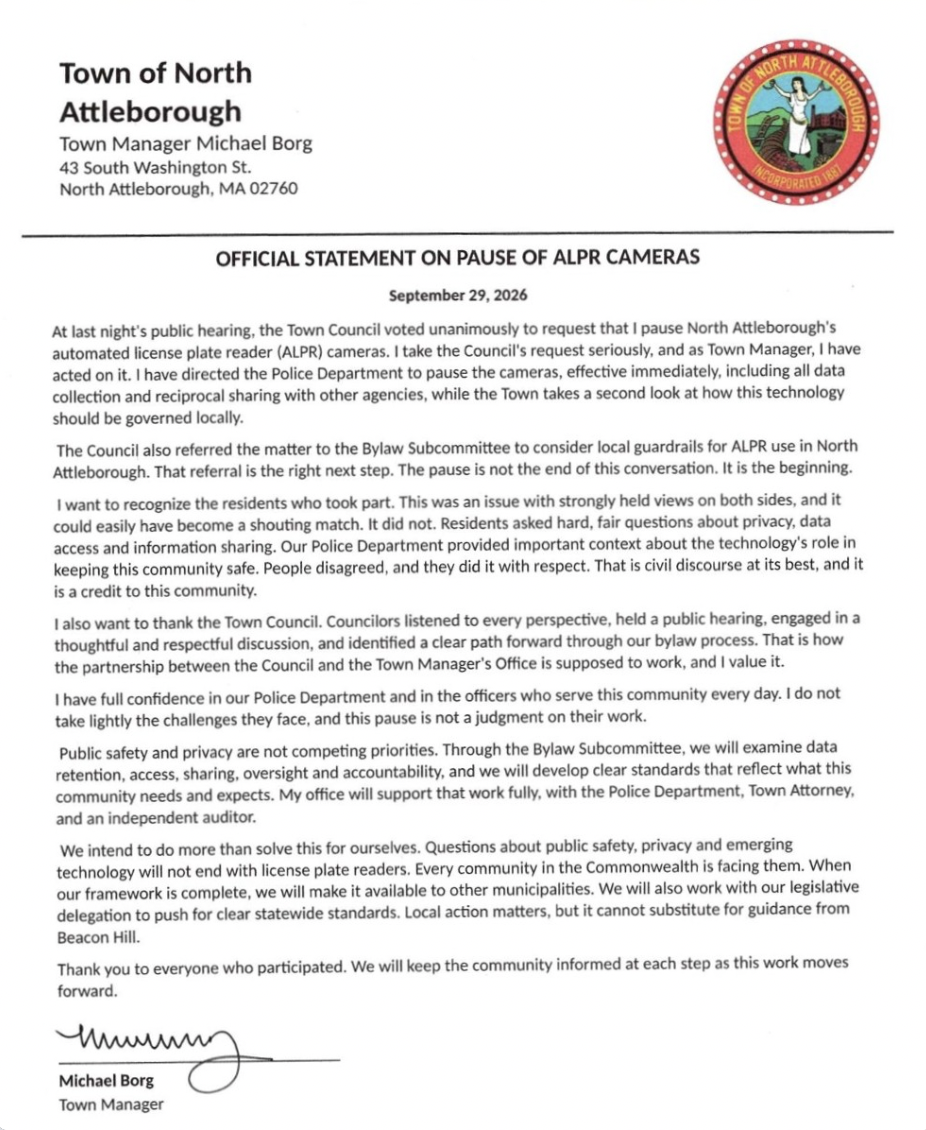 The Town of North Attleborough has paused the use of its automated license plate reader (ALPR) cameras, effective immediately, following a unanimous request from the Town Council.
