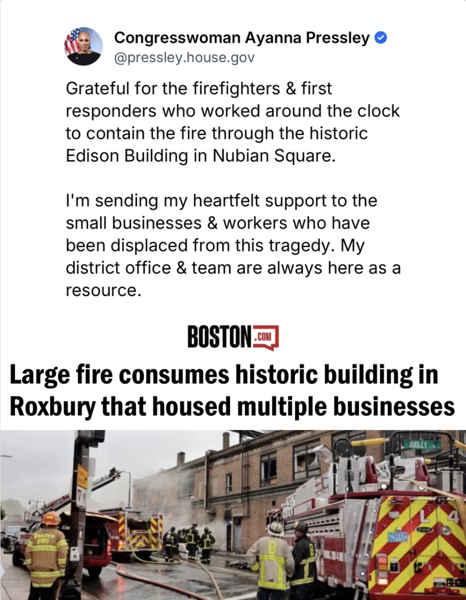 Grateful for the firefighters & first responders who worked around the clock to contain the fire through the historic Edison Building in Nubian Square.