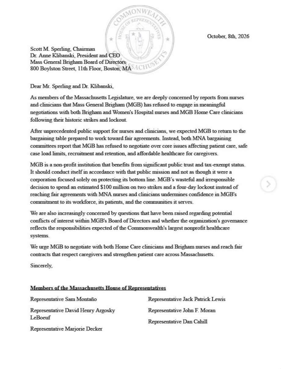 64 members of the Massachusetts House of Representatives urge Brigham and Women’s to return to the table to negotiate in good faith with the Massachusetts Nurses Association.