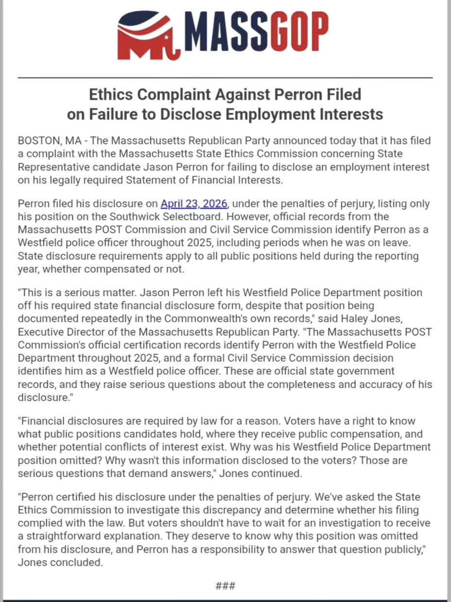 Ethics Complaint Against Perron Filed on Failure to Disclose Employment Interests