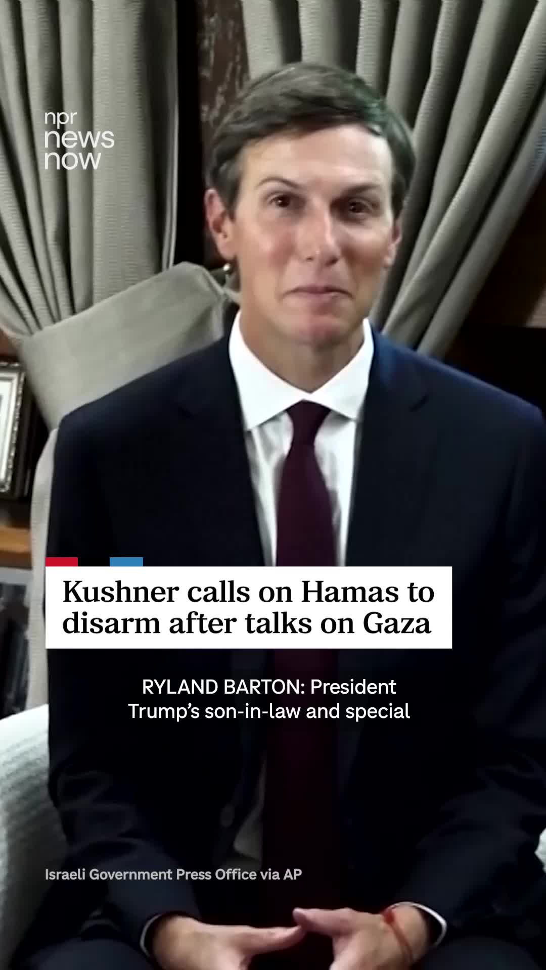 President Trump’s son-in-law and special envoy Jared Kushner has held back-to-back discussions with leaders of Hamas and Israeli Prime Minister Benjamin Netanyahu. NPR's Daniel Estrin has the latest from the Middle East.