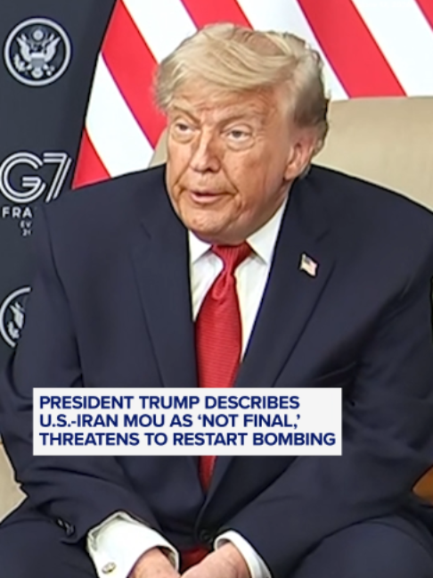 President Trump said the text of the memorandum of understanding with Iran announced earlier this week was not final, and that if he didn't like it, the U.S. would "go right back to dropping bombs right smack in the middle of their head." 