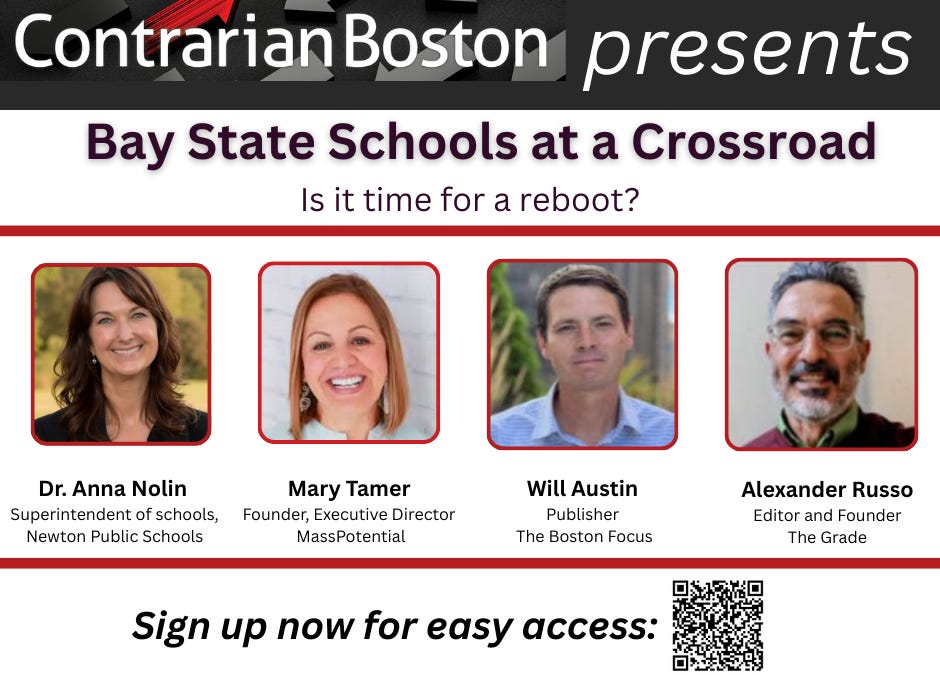 Crisis in the classroom: Join Contrarian Boston at noon on Thursday as we dive into the growing challenges Massachusetts schools face, from a plunge in student scores to illegal teacher strikes.