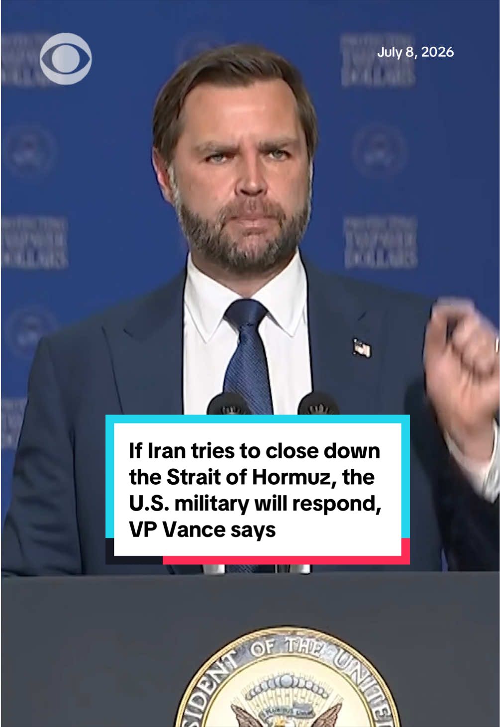 Vice President JD Vance echoed many of the points made throughout Wednesday by President Trump, saying since Iran attacked commercial vessels in the Strait of Hormuz, the U.S. had no choice but to respond militarily.